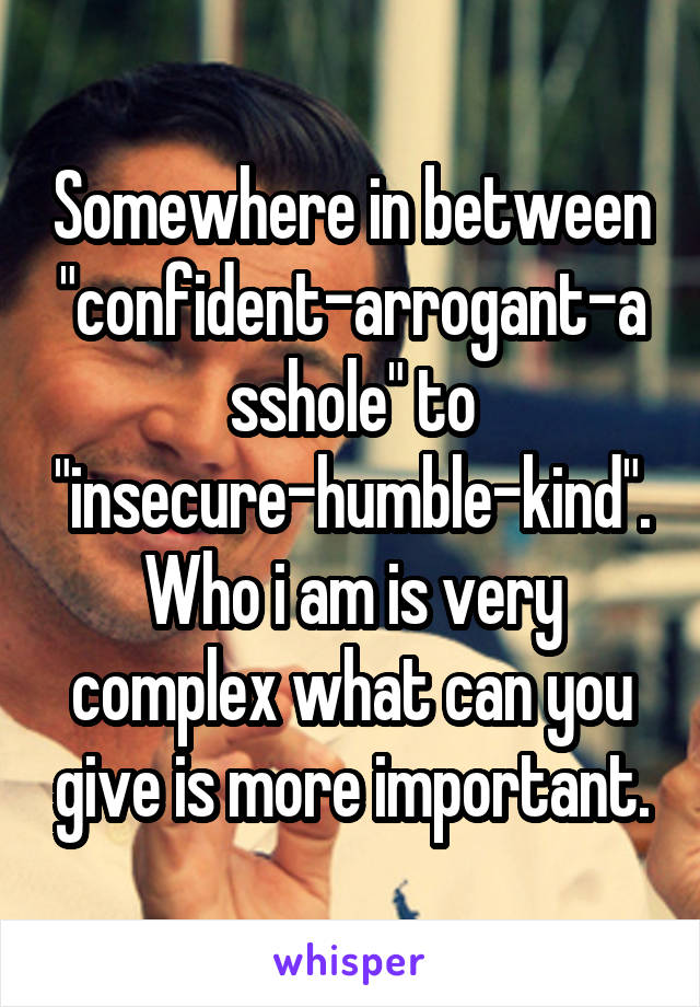 Somewhere in between "confident-arrogant-asshole" to "insecure-humble-kind". Who i am is very complex what can you give is more important.