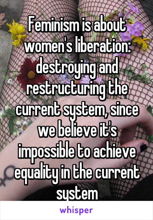 Feminism is about women's liberation: destroying and restructuring the current system, since we believe it's impossible to achieve equality in the current system