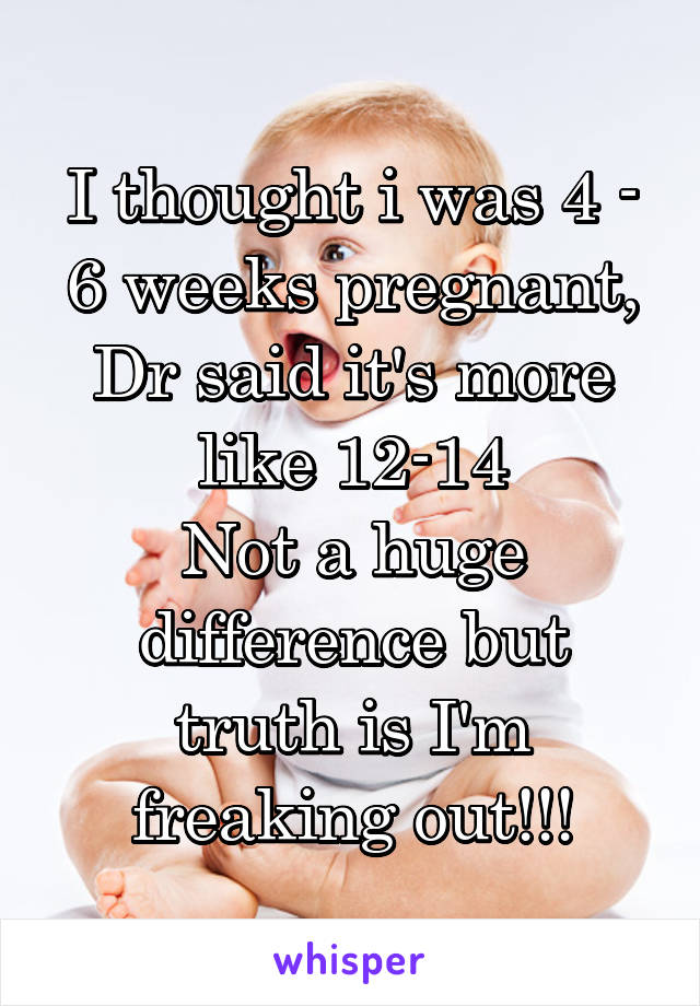 I thought i was 4 - 6 weeks pregnant, Dr said it's more like 12-14
Not a huge difference but truth is I'm freaking out!!!