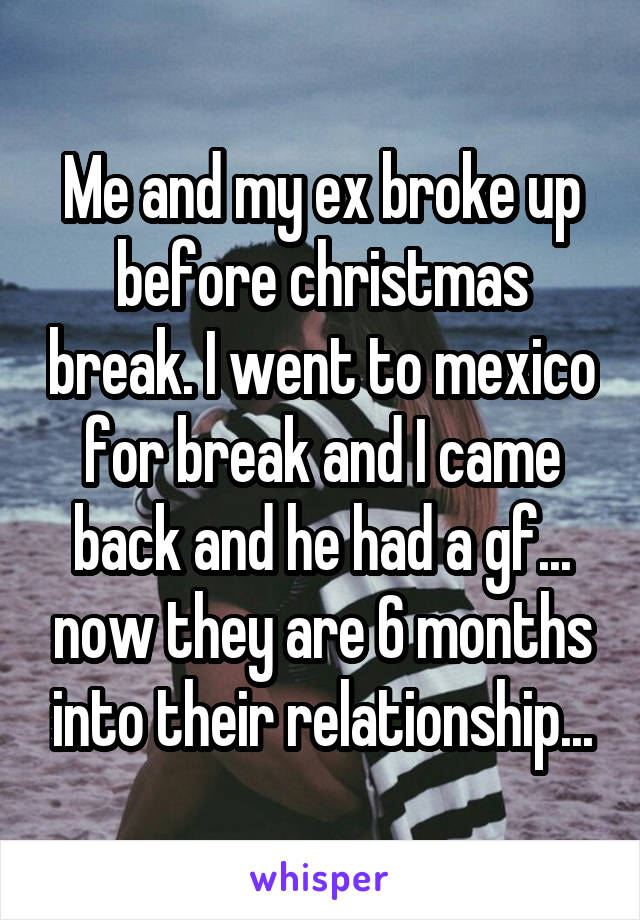 Me and my ex broke up before christmas break. I went to mexico for break and I came back and he had a gf... now they are 6 months into their relationship...