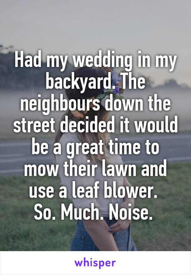 Had my wedding in my backyard. The neighbours down the street decided it would be a great time to mow their lawn and use a leaf blower. 
So. Much. Noise. 