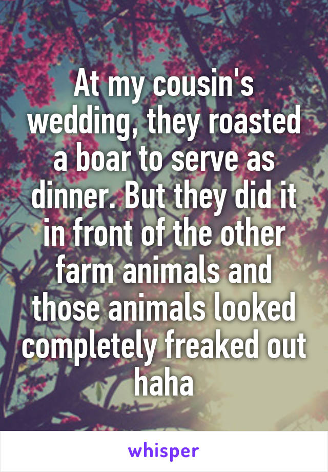 At my cousin's wedding, they roasted a boar to serve as dinner. But they did it in front of the other farm animals and those animals looked completely freaked out haha