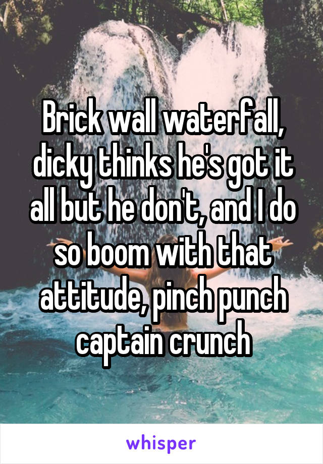 Brick wall waterfall, dicky thinks he's got it all but he don't, and I do so boom with that attitude, pinch punch captain crunch