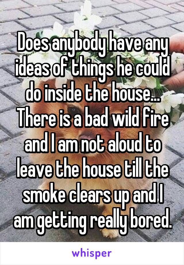 Does anybody have any ideas of things he could do inside the house...
There is a bad wild fire and I am not aloud to leave the house till the smoke clears up and I am getting really bored.