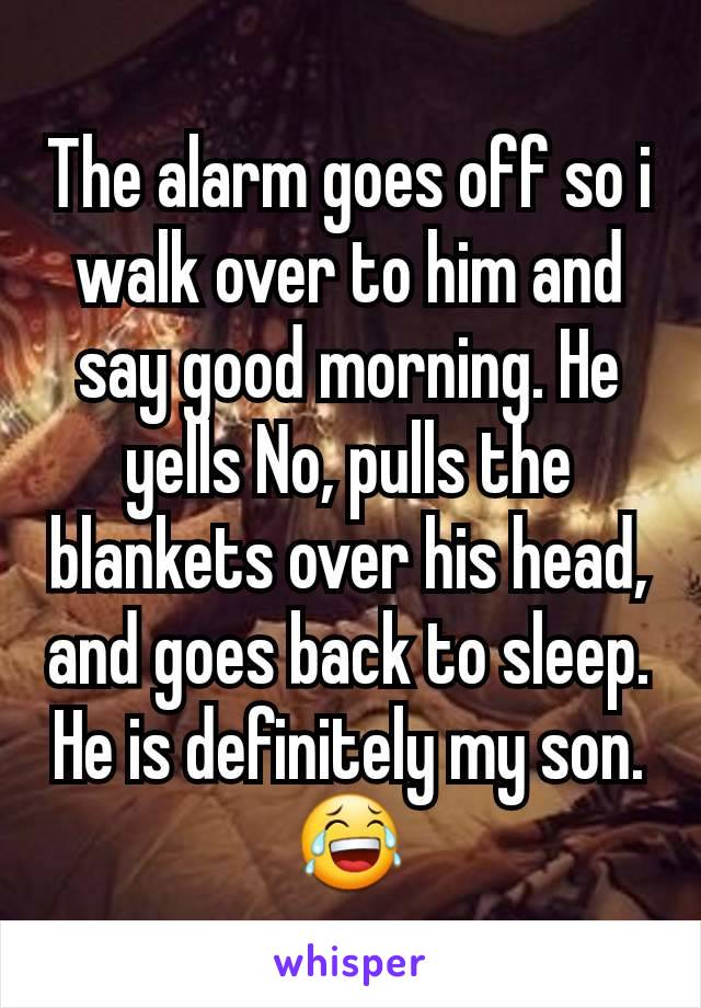 The alarm goes off so i walk over to him and say good morning. He yells No, pulls the blankets over his head, and goes back to sleep. He is definitely my son. 😂