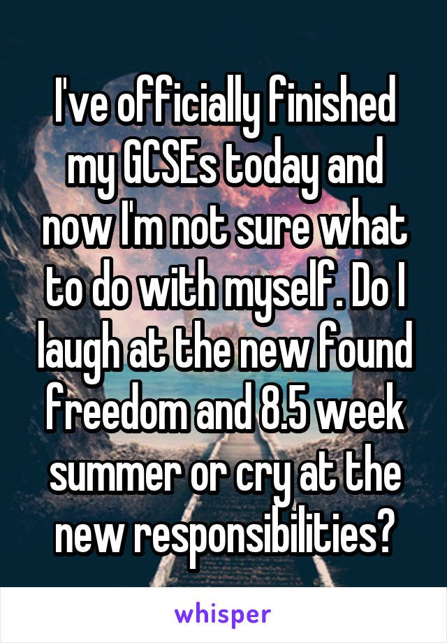 I've officially finished my GCSEs today and now I'm not sure what to do with myself. Do I laugh at the new found freedom and 8.5 week summer or cry at the new responsibilities?