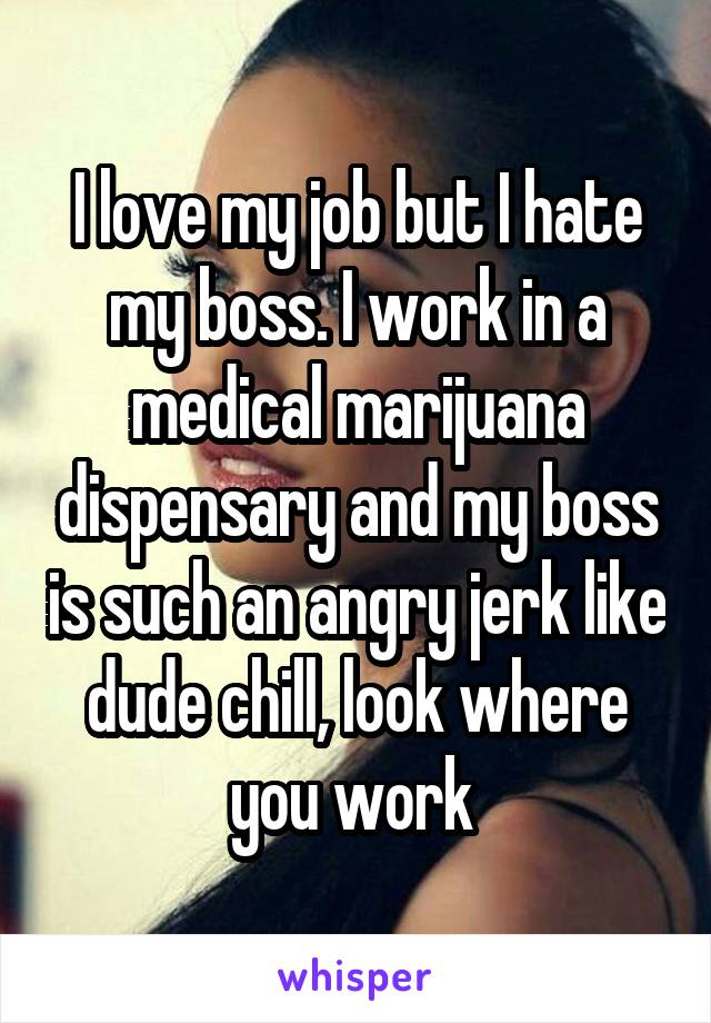 I love my job but I hate my boss. I work in a medical marijuana dispensary and my boss is such an angry jerk like dude chill, look where you work 