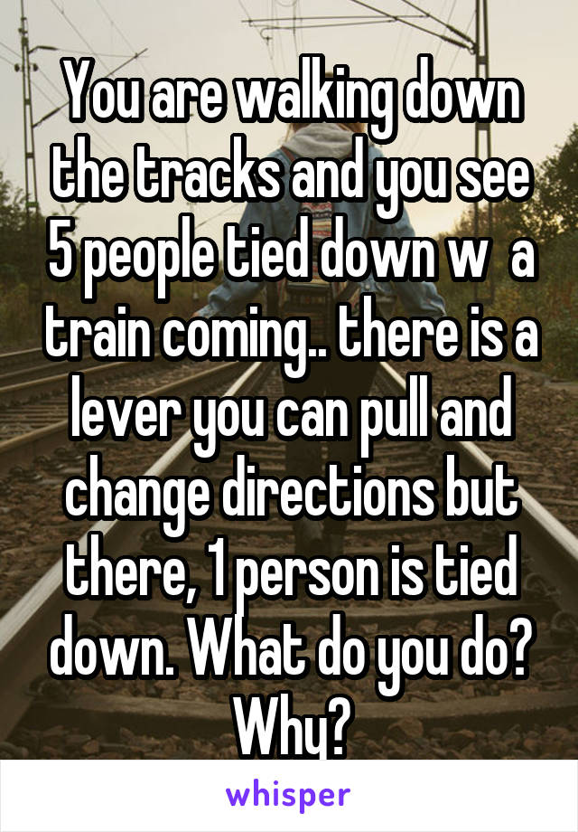 You are walking down the tracks and you see 5 people tied down w  a train coming.. there is a lever you can pull and change directions but there, 1 person is tied down. What do you do? Why?