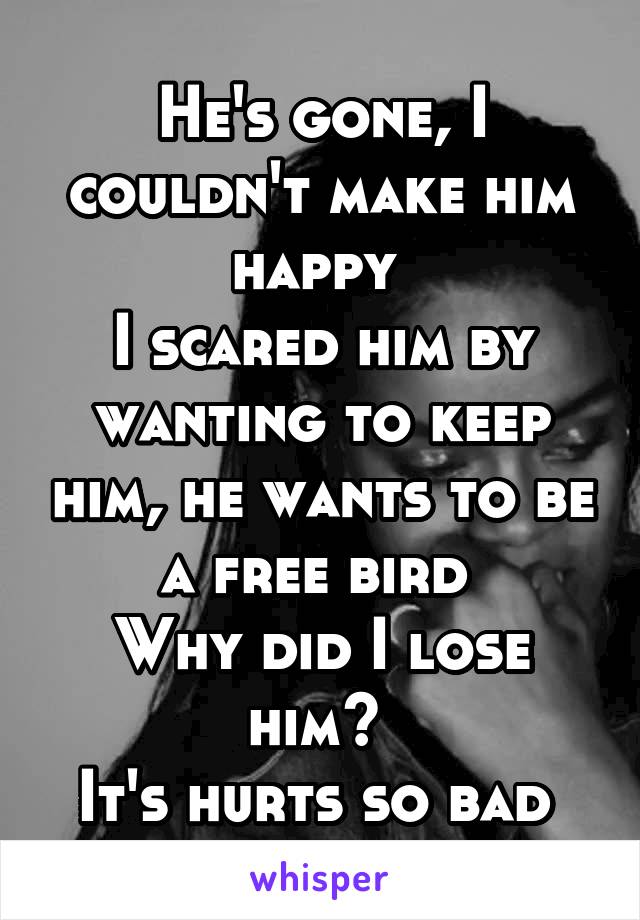 He's gone, I couldn't make him happy 
I scared him by wanting to keep him, he wants to be a free bird 
Why did I lose him? 
It's hurts so bad 