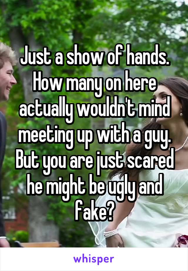 Just a show of hands. How many on here actually wouldn't mind meeting up with a guy. But you are just scared he might be ugly and fake?