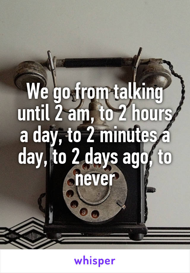 We go from talking until 2 am, to 2 hours a day, to 2 minutes a day, to 2 days ago, to never