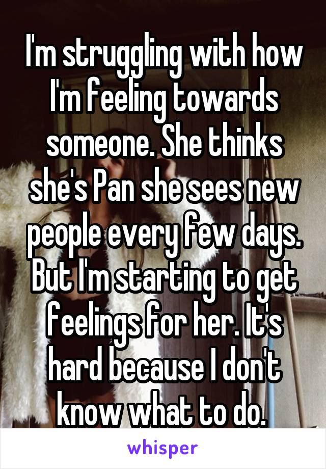 I'm struggling with how I'm feeling towards someone. She thinks she's Pan she sees new people every few days. But I'm starting to get feelings for her. It's hard because I don't know what to do. 