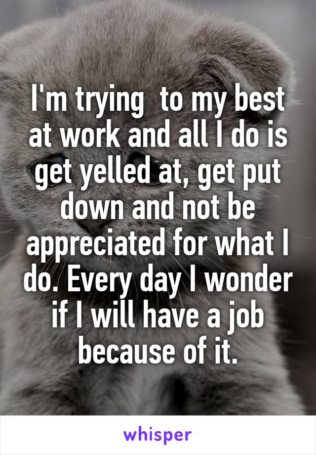 I'm trying  to my best at work and all I do is get yelled at, get put down and not be appreciated for what I do. Every day I wonder if I will have a job because of it.