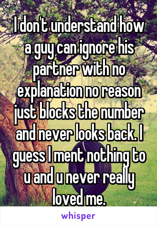 I don't understand how a guy can ignore his partner with no explanation no reason just blocks the number and never looks back. I guess I ment nothing to u and u never really loved me.