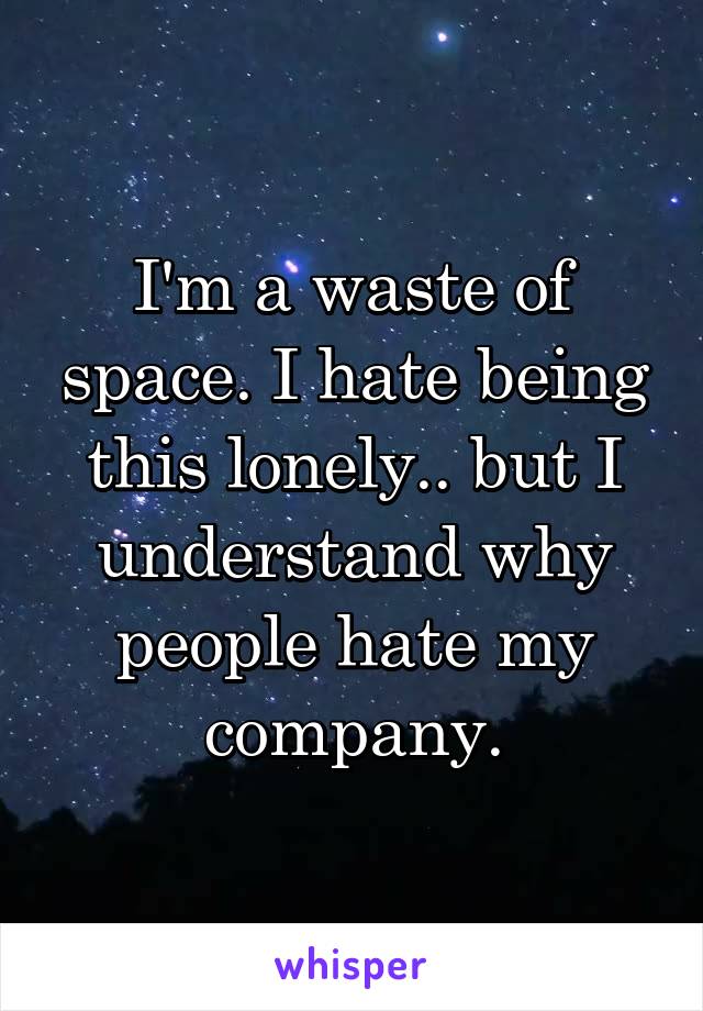 I'm a waste of space. I hate being this lonely.. but I understand why people hate my company.