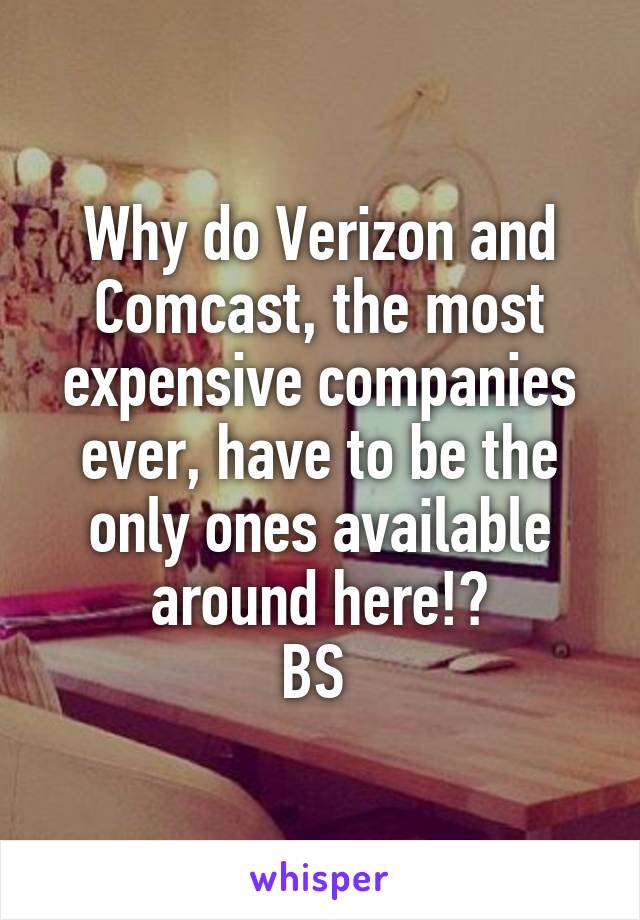 Why do Verizon and Comcast, the most expensive companies ever, have to be the only ones available around here!?
BS 