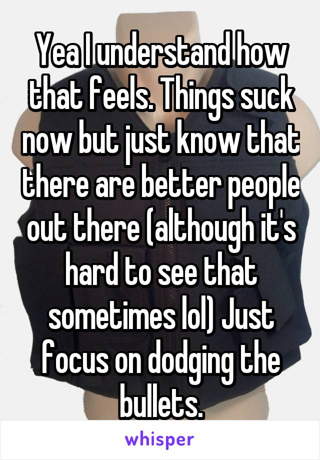 Yea I understand how that feels. Things suck now but just know that there are better people out there (although it's hard to see that sometimes lol) Just focus on dodging the bullets.