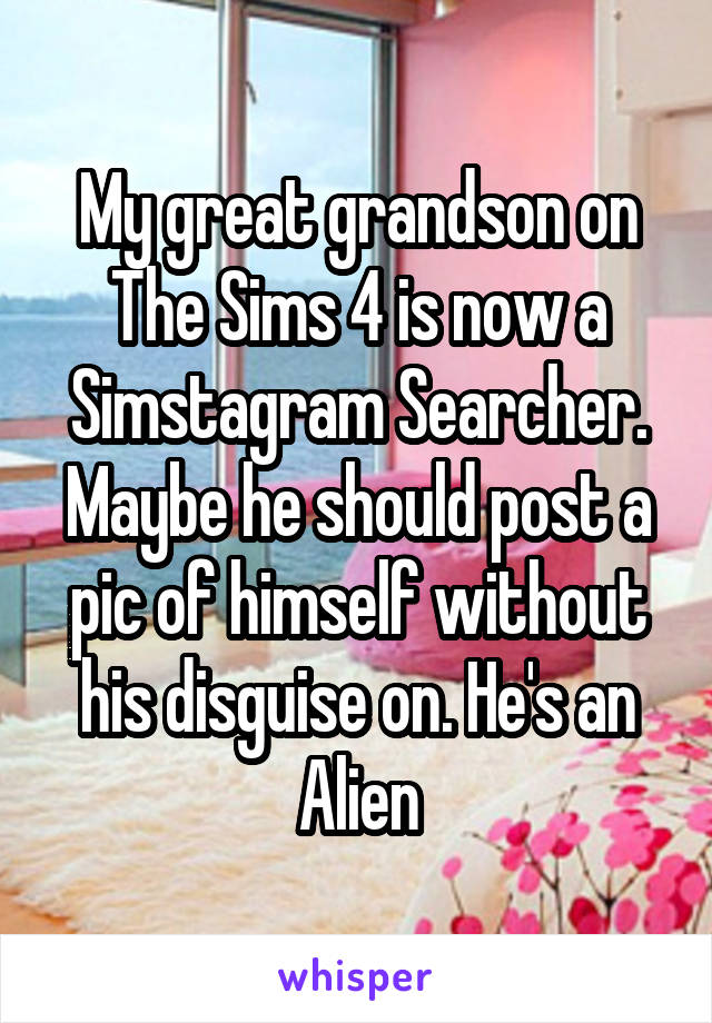 My great grandson on The Sims 4 is now a Simstagram Searcher. Maybe he should post a pic of himself without his disguise on. He's an Alien