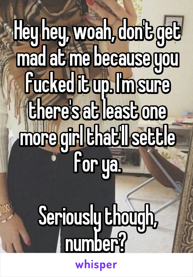 Hey hey, woah, don't get mad at me because you fucked it up. I'm sure there's at least one more girl that'll settle for ya.

Seriously though, number? 