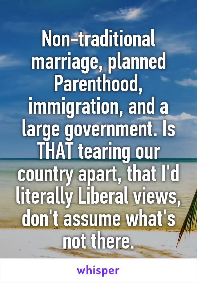 Non-traditional marriage, planned Parenthood, immigration, and a large government. Is THAT tearing our country apart, that I'd literally Liberal views, don't assume what's not there.