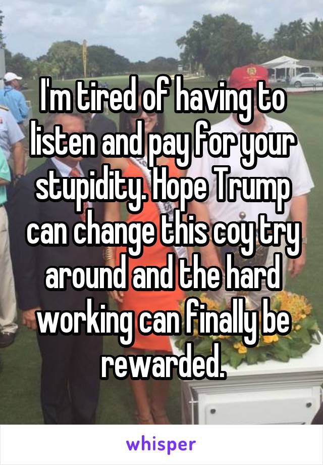 I'm tired of having to listen and pay for your stupidity. Hope Trump can change this coy try around and the hard working can finally be rewarded.