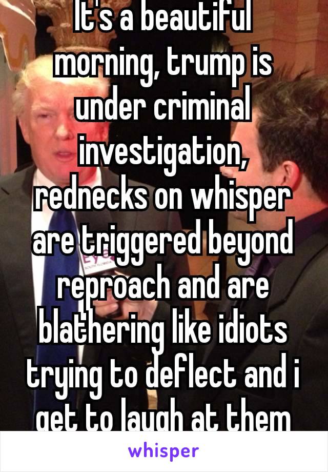 It's a beautiful morning, trump is under criminal investigation, rednecks on whisper are triggered beyond reproach and are blathering like idiots trying to deflect and i get to laugh at them 😂