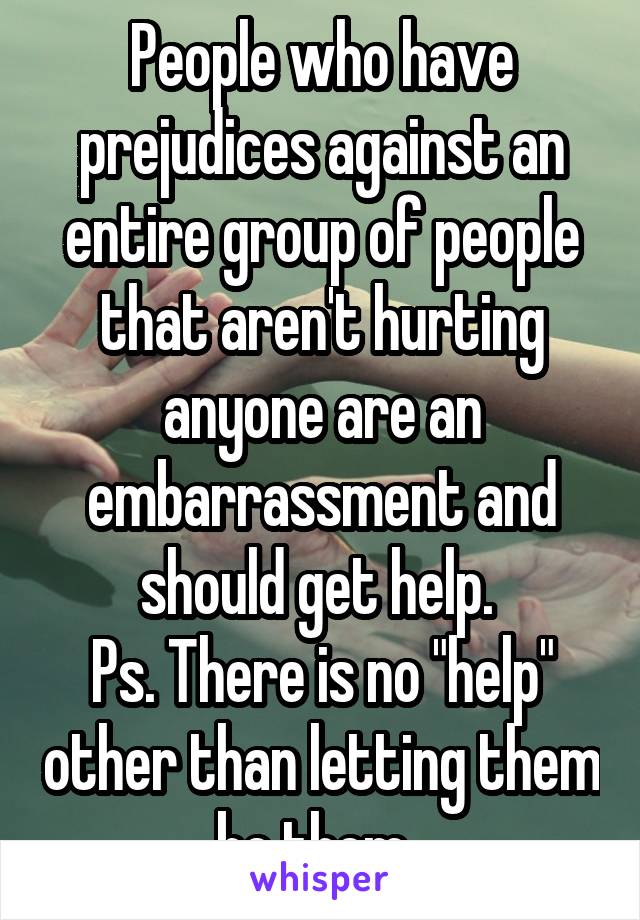 People who have prejudices against an entire group of people that aren't hurting anyone are an embarrassment and should get help. 
Ps. There is no "help" other than letting them be them. 