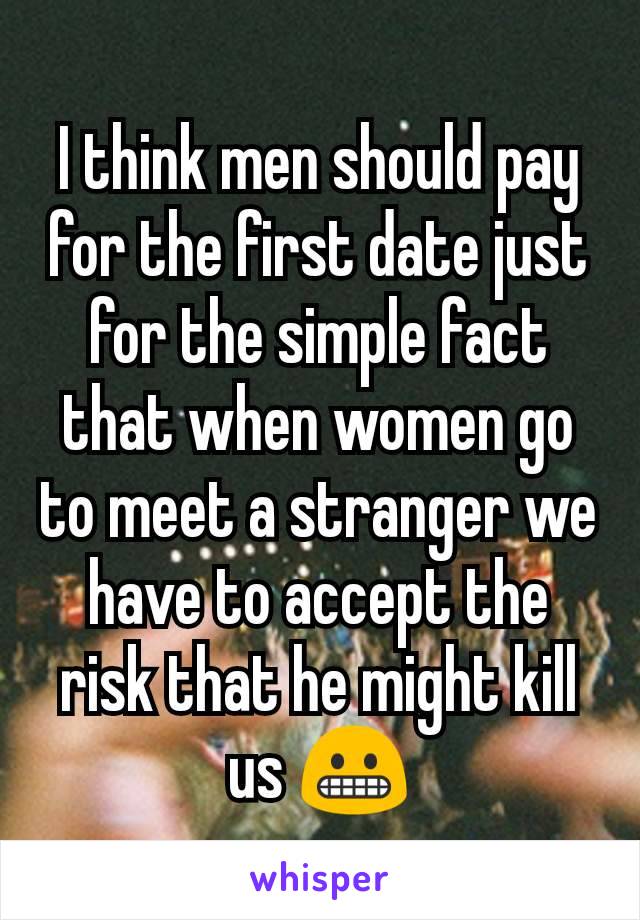 I think men should pay for the first date just for the simple fact that when women go to meet a stranger we have to accept the risk that he might kill us 😬