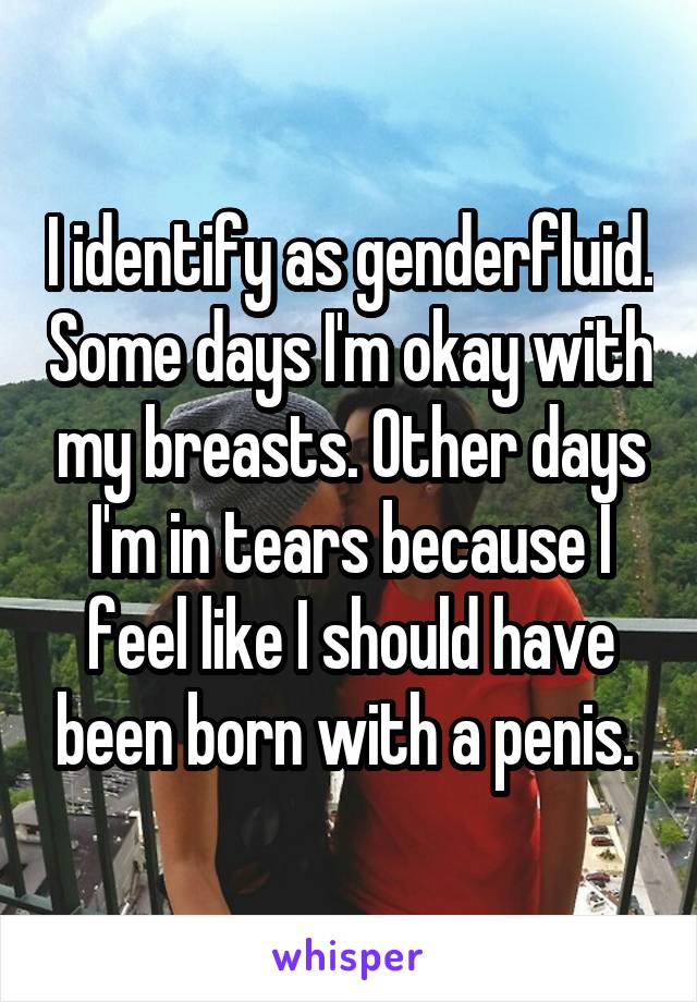 I identify as genderfluid. Some days I'm okay with my breasts. Other days I'm in tears because I feel like I should have been born with a penis. 