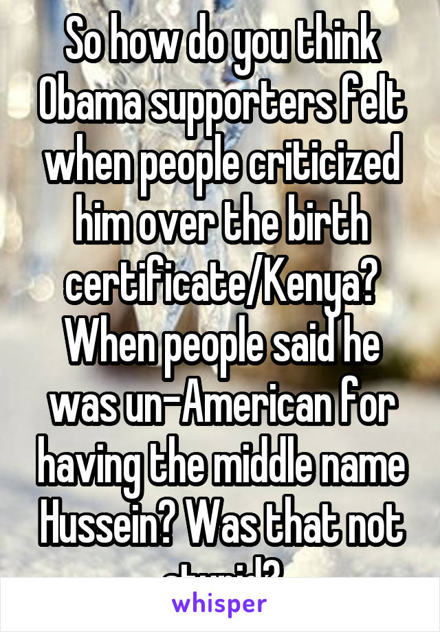 So how do you think Obama supporters felt when people criticized him over the birth certificate/Kenya? When people said he was un-American for having the middle name Hussein? Was that not stupid?