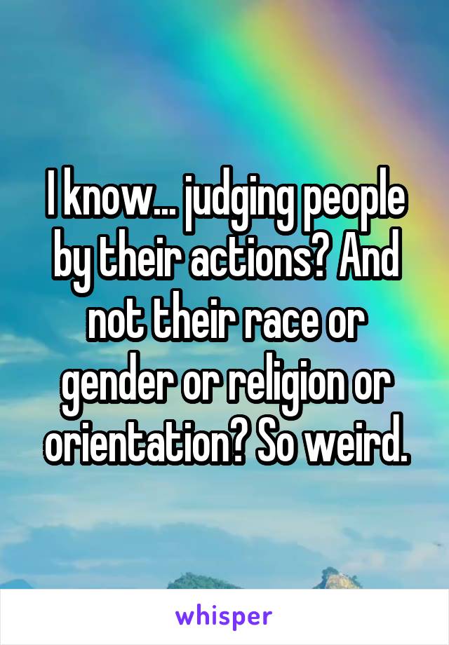 I know... judging people by their actions? And not their race or gender or religion or orientation? So weird.