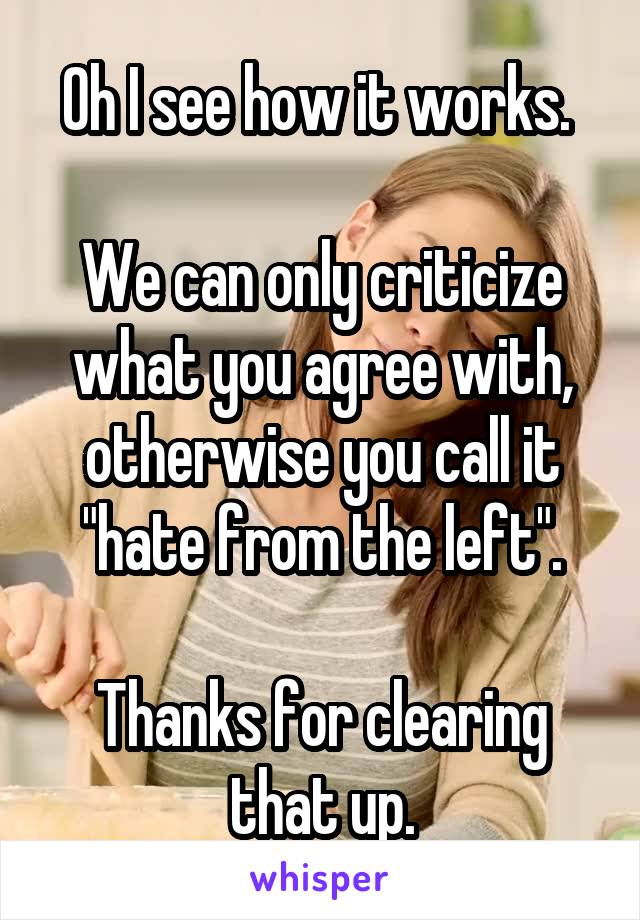 Oh I see how it works. 

We can only criticize what you agree with, otherwise you call it "hate from the left".

Thanks for clearing that up.