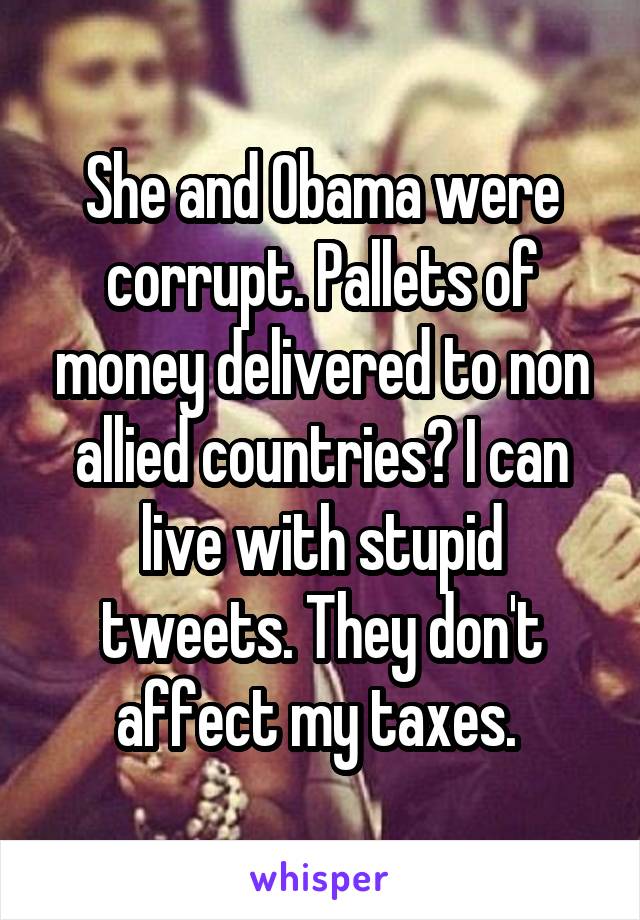 She and Obama were corrupt. Pallets of money delivered to non allied countries? I can live with stupid tweets. They don't affect my taxes. 