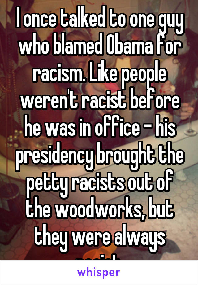 I once talked to one guy who blamed Obama for racism. Like people weren't racist before he was in office - his presidency brought the petty racists out of the woodworks, but they were always racist.