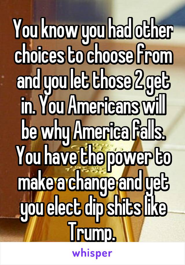 You know you had other choices to choose from and you let those 2 get in. You Americans will be why America falls. You have the power to make a change and yet you elect dip shits like Trump. 