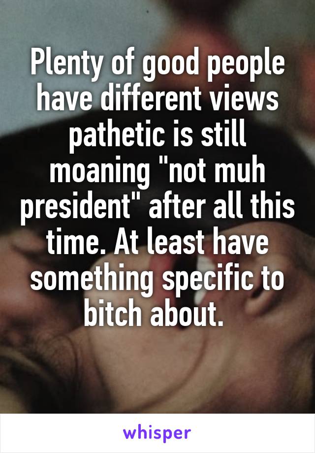 Plenty of good people have different views pathetic is still moaning "not muh president" after all this time. At least have something specific to bitch about. 

