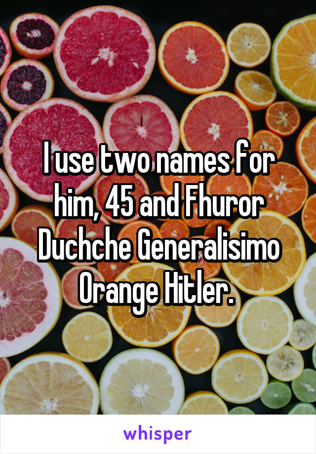 I use two names for him, 45 and Fhuror Duchche Generalisimo Orange Hitler. 