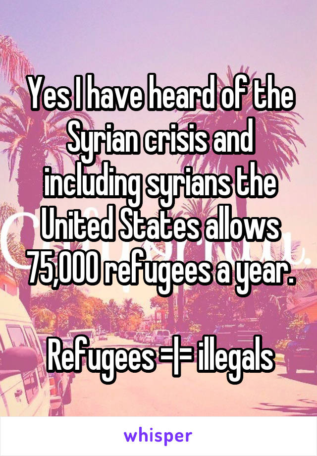 Yes I have heard of the Syrian crisis and including syrians the United States allows 75,000 refugees a year.

Refugees =|= illegals