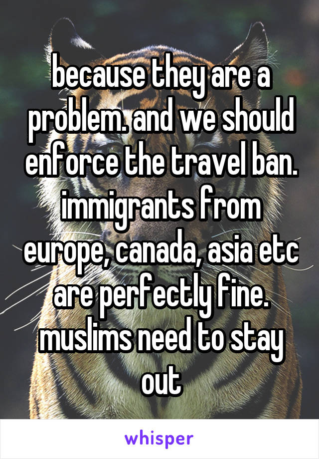 because they are a problem. and we should enforce the travel ban. immigrants from europe, canada, asia etc are perfectly fine. muslims need to stay out