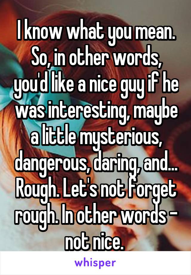 I know what you mean. So, in other words, you'd like a nice guy if he was interesting, maybe a little mysterious, dangerous, daring, and... Rough. Let's not forget rough. In other words - not nice. 