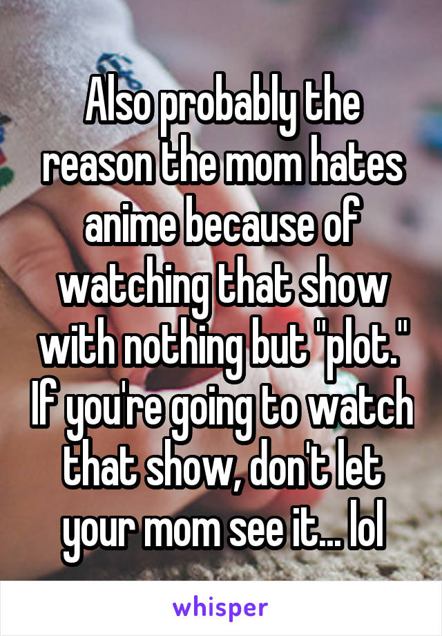 Also probably the reason the mom hates anime because of watching that show with nothing but "plot." If you're going to watch that show, don't let your mom see it... lol