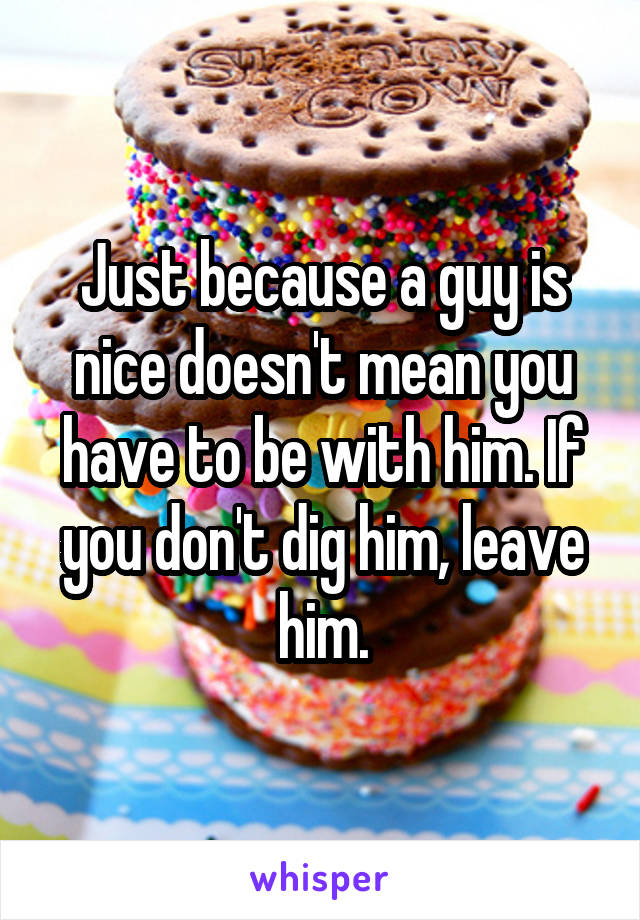 Just because a guy is nice doesn't mean you have to be with him. If you don't dig him, leave him.