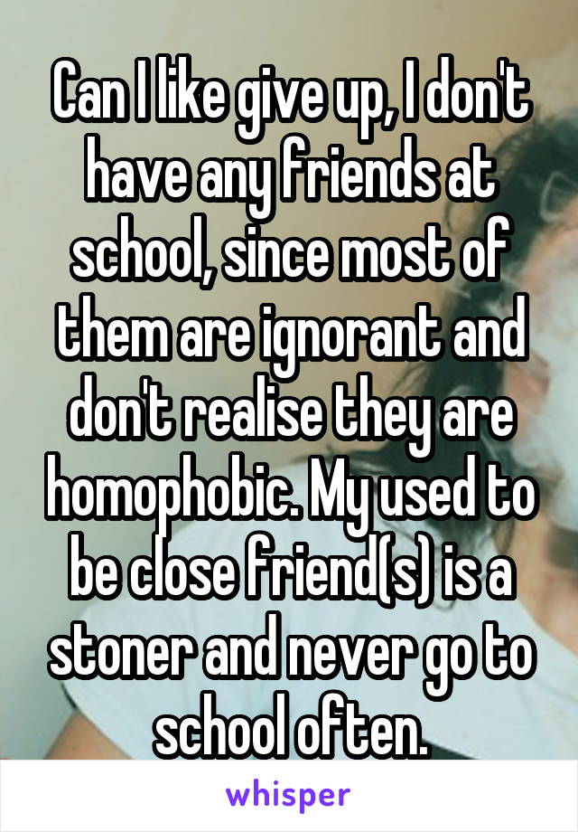 Can I like give up, I don't have any friends at school, since most of them are ignorant and don't realise they are homophobic. My used to be close friend(s) is a stoner and never go to school often.