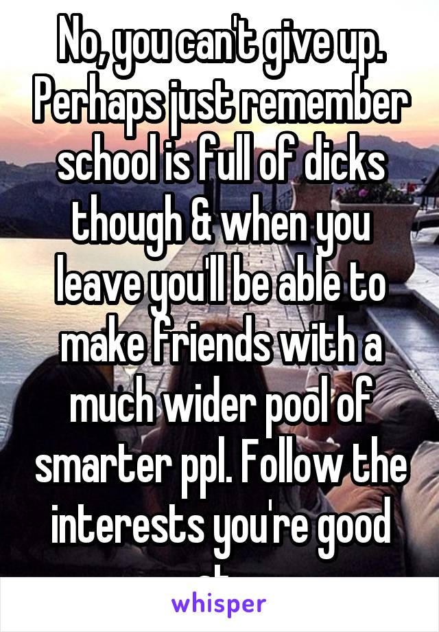 No, you can't give up. Perhaps just remember school is full of dicks though & when you leave you'll be able to make friends with a much wider pool of smarter ppl. Follow the interests you're good at. 