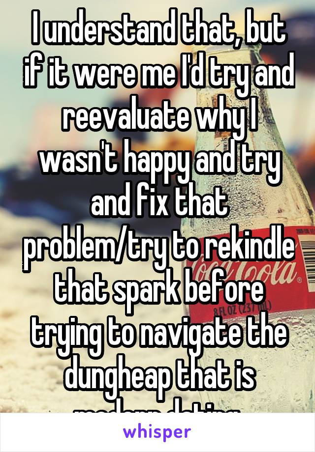 I understand that, but if it were me I'd try and reevaluate why I wasn't happy and try and fix that problem/try to rekindle that spark before trying to navigate the dungheap that is modern dating 