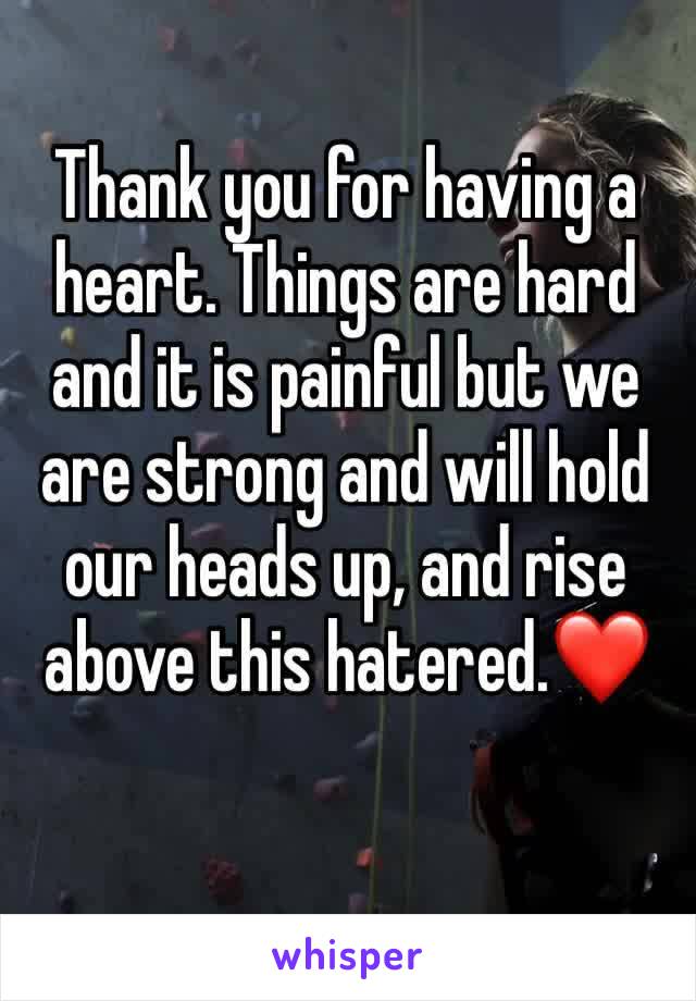 Thank you for having a heart. Things are hard and it is painful but we are strong and will hold our heads up, and rise above this hatered.❤️