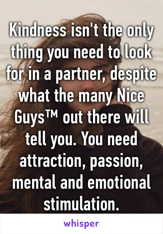 Kindness isn't the only thing you need to look for in a partner, despite what the many Nice Guys™ out there will tell you. You need attraction, passion, mental and emotional stimulation.