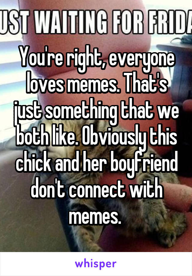 You're right, everyone loves memes. That's just something that we both like. Obviously this chick and her boyfriend don't connect with memes. 