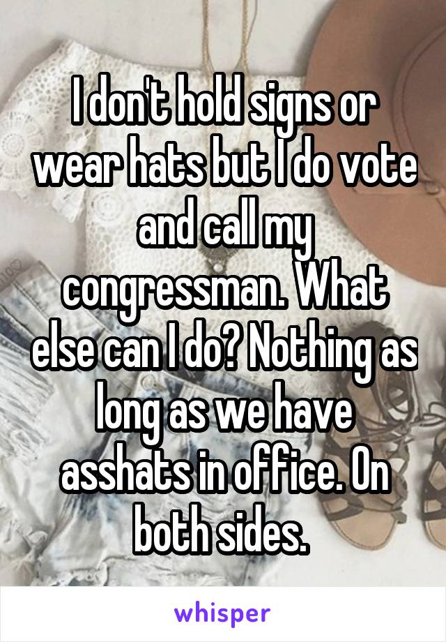 I don't hold signs or wear hats but I do vote and call my congressman. What else can I do? Nothing as long as we have asshats in office. On both sides. 