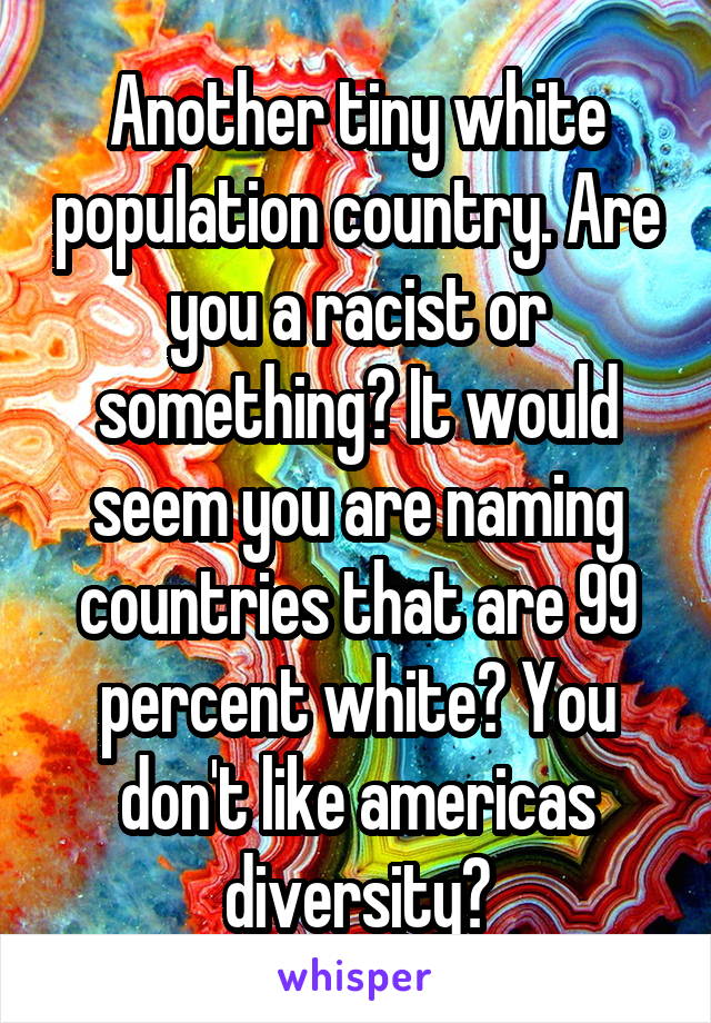 Another tiny white population country. Are you a racist or something? It would seem you are naming countries that are 99 percent white? You don't like americas diversity?